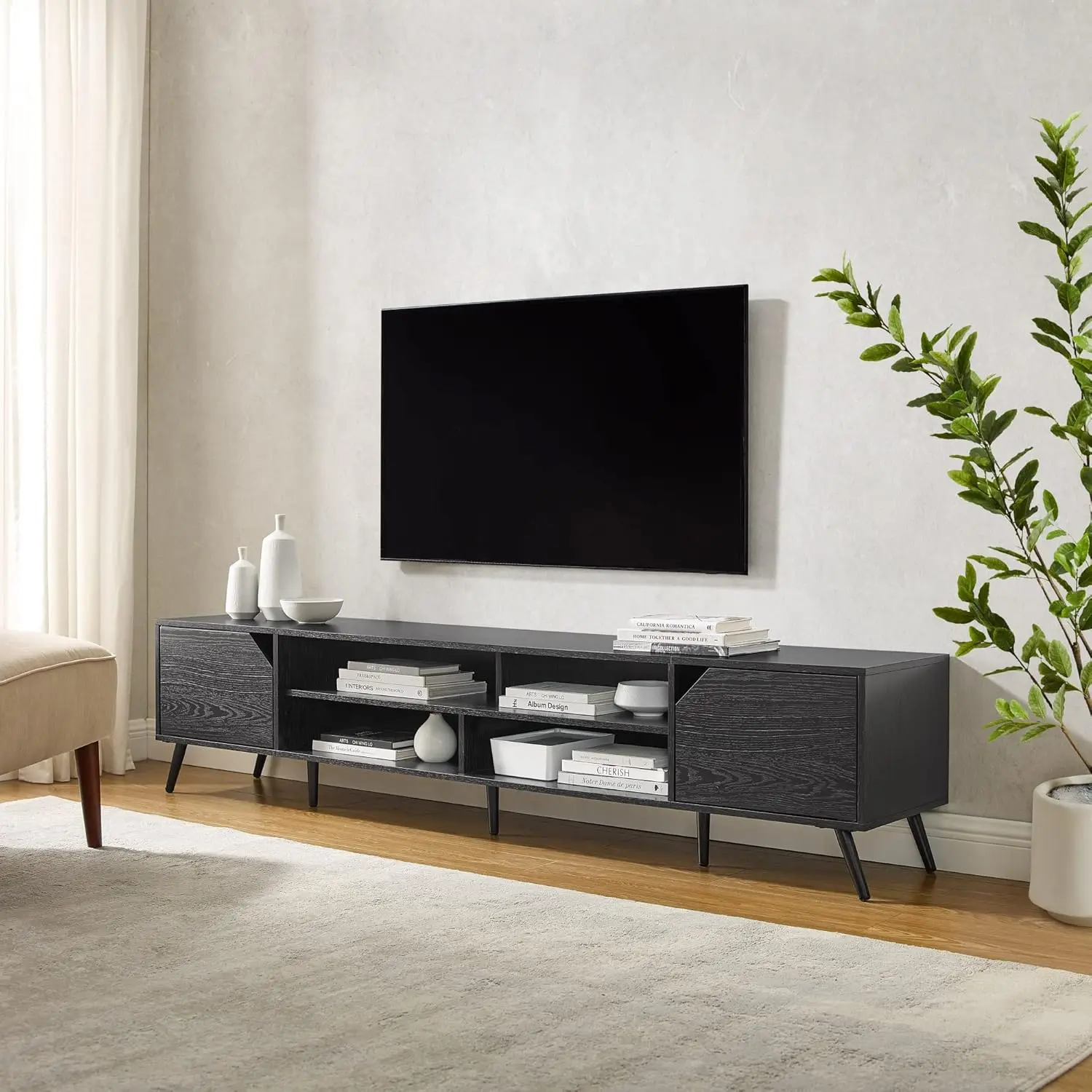 Walker Edison Nora Modern Minimal Open-Shelf TV Stand for TVs up to 90 Inches, 80 Inch, Black