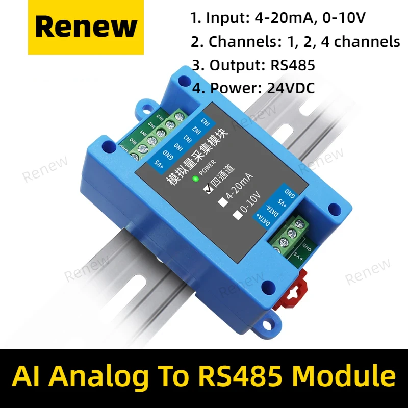 Ai izolowany moduł akwizycji danych Rs485 4 kanały Modbus Rtu konwerter komunikacyjny 0-10v sygnał analogowo-cyfrowy