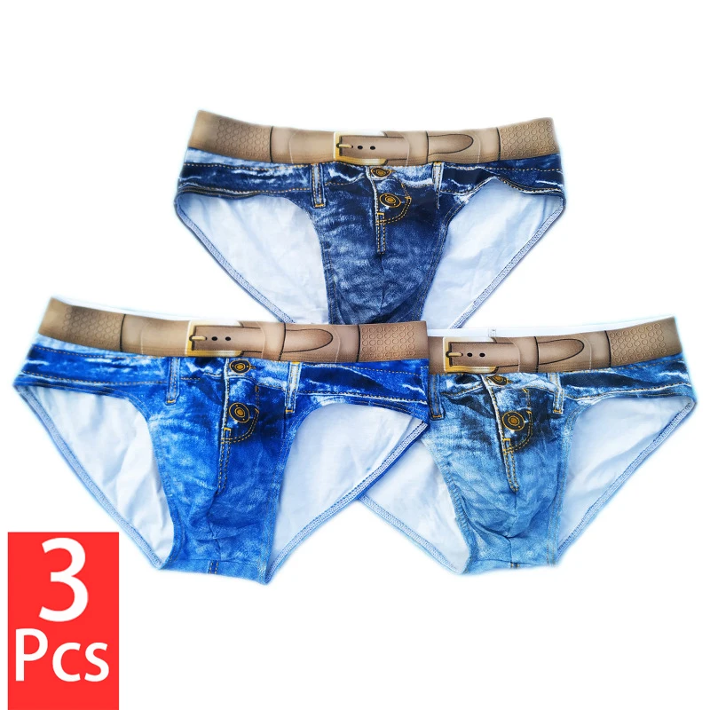 3PCS/lot Fashion Men Underwear Digital Print Sexy Panties Jeans Style Boxer Shorts Cowboy U Pouch Cotton Breathable Underpants