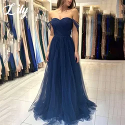 Lily Navy Blue A Line Formal Dress Tiered Sweetheart Party Dress with Pleats Off The Shoulder Special Occasion Dress robe soirée