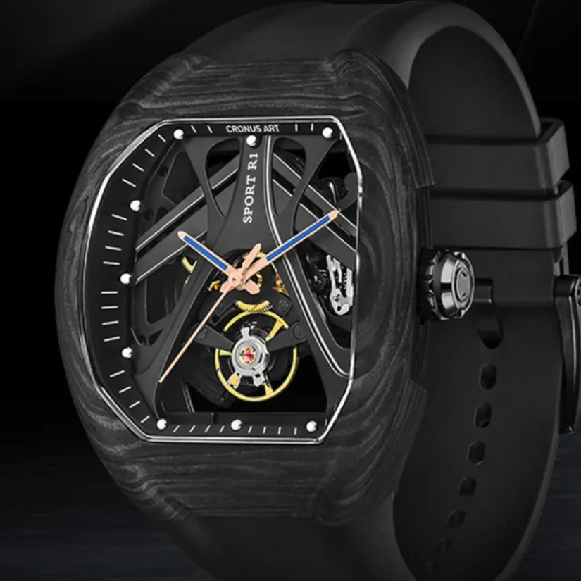 CRONUSART Men Automatic Watch Tonneau Mechanical Wristwatch Carbon Fiber Case Skeleton FKM Strap Folding Hidden Crown Handle