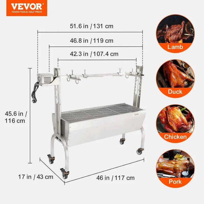 VEVOR-parrilla Rotisserie de acero inoxidable para barbacoa, asador eléctrico de 50W, asador de cerdo, cordero, Cabra, carbón