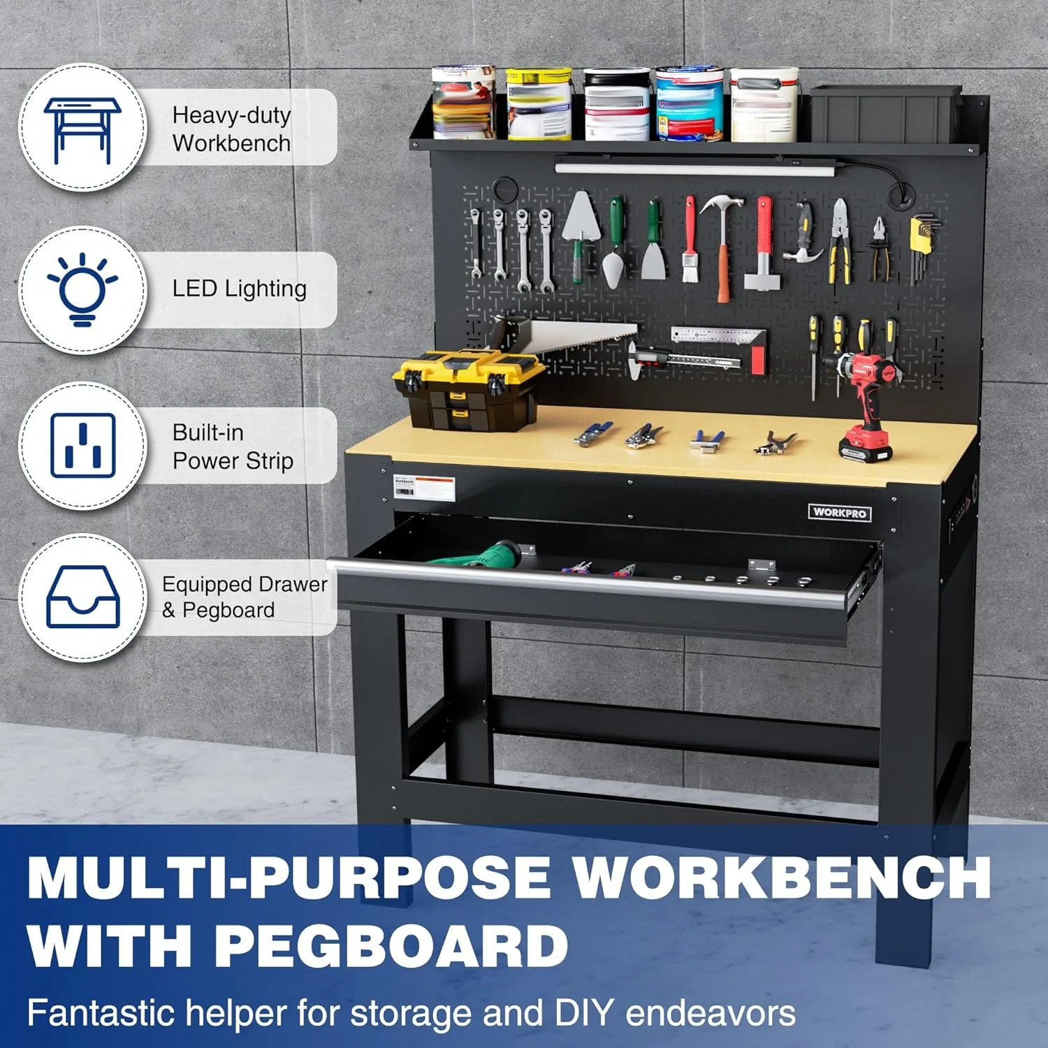 Garage Workbench with Storage, 45" Workbench with Pegboard, Power Outlets and Light, 800 LBS Multipurpose Work Bench for Garage