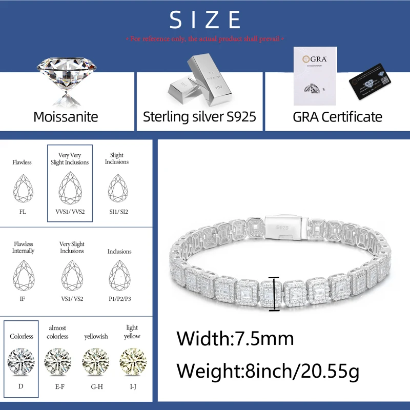 NASIA Square Iced Out Moissanite Tennis Bracelet for Women Men 925 Silver Sugar Chain Bracelet Fine Party Jewelry Gifts 2026