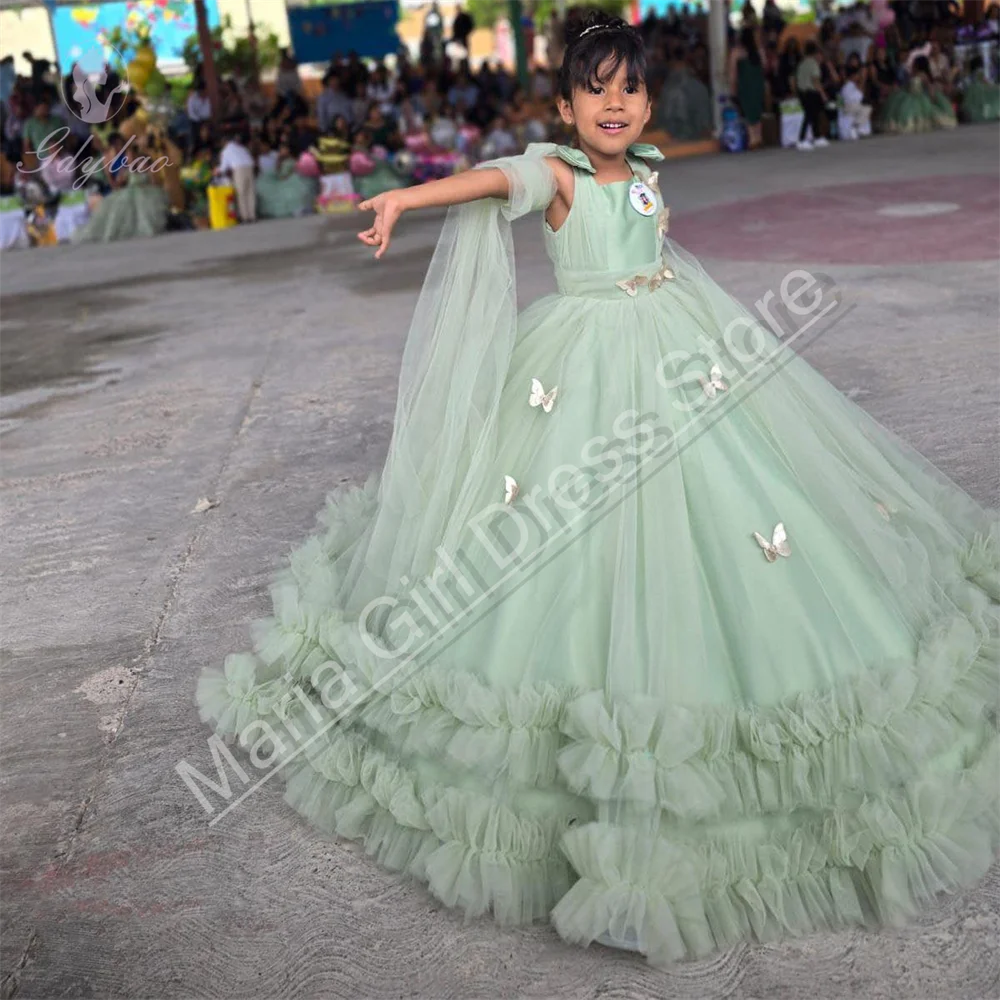 Sage Green Flower Girl Party Dress With Bow Decoration Tulle Fluffy For Beauty Pageant First Communion Custom Dress