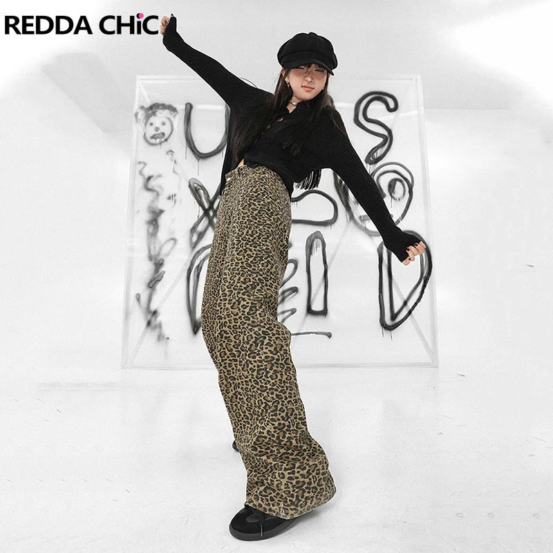 

REDDACHiC Y2k Leopard Printing Baggy Jeans for Women Trousers High Waist Loose Causal Wide Pants Harajuku 2000s Vintage Clothes