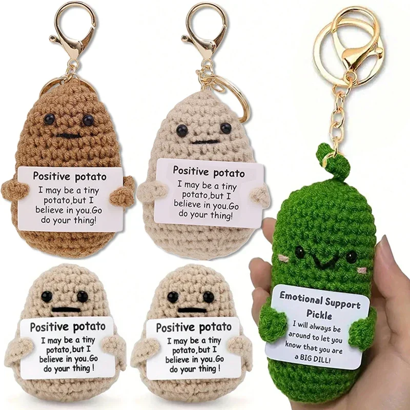 Healing Funny Positive Energy Potato Keychain Patata Cucumber Hug Pocket Handmade Wool Crochet Doll Card Bag Pendant Key Chain