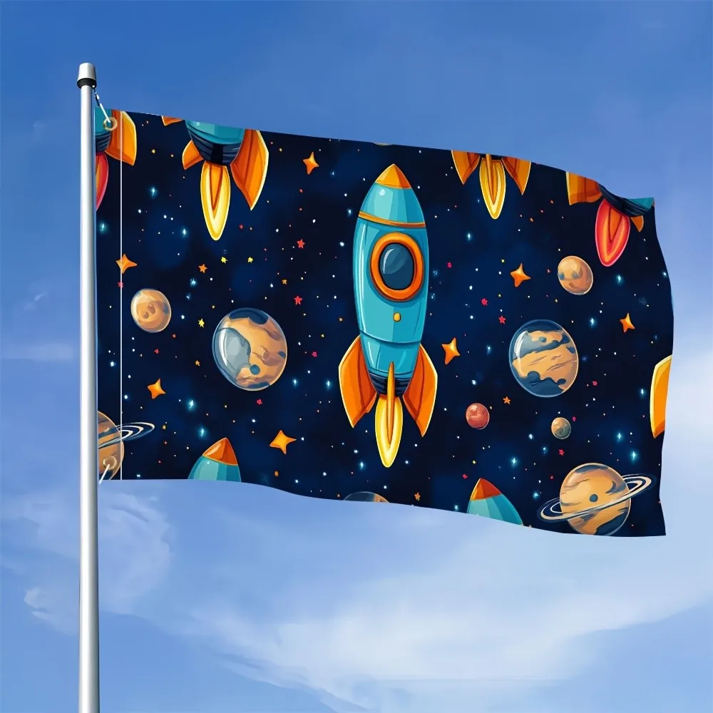 Space Rocket and Planets Flag Durable Polyester Outdoor Yard Decoration Vibrant Star Pattern
