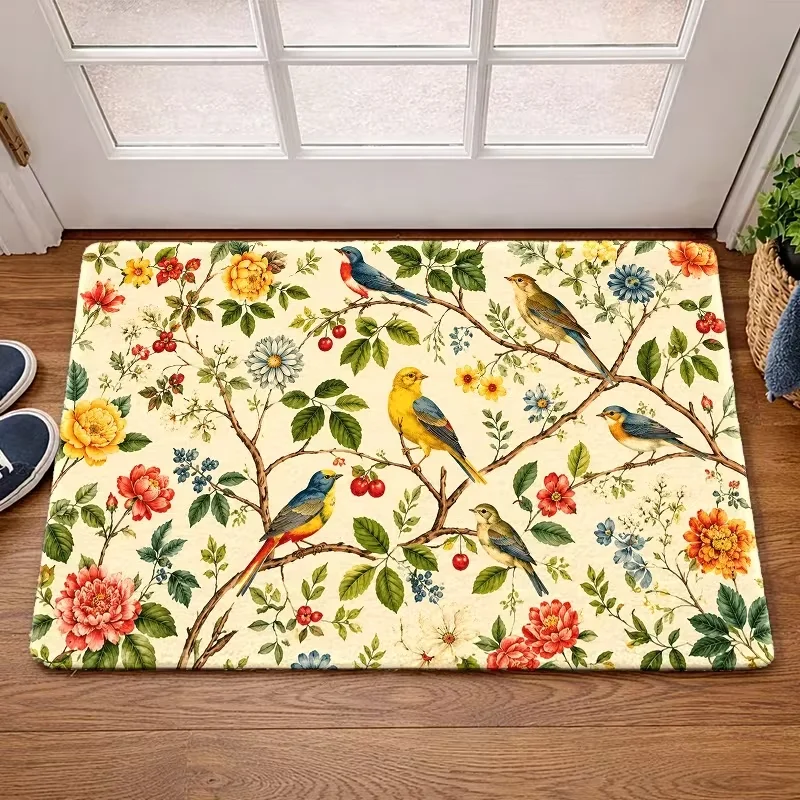 Vintage Floral Bird Berry Branch Door Mat Non Slip Entrance Doormat Retro Garden Peony Daisy Flower Pattern Floor Rug