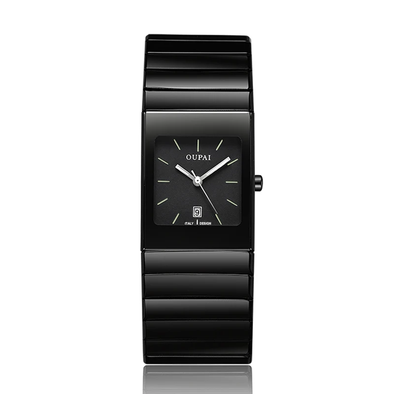 Oupai Square Dial Watch Men's Ceramic Strap 24mm Rectangular Watch Stud Scale Luminous Date Display Simple Casual Fashion Suitab