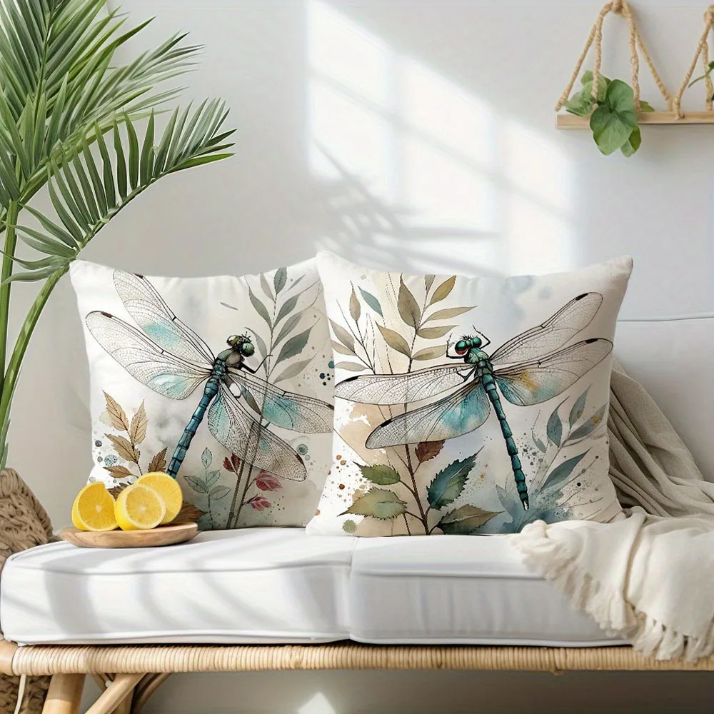 2pcs Watercolor Dragonfly and Botanical Print Throw Pillow Covers Rustic Farmhouse Decorative Cushion Cases for Sofa Bedroom