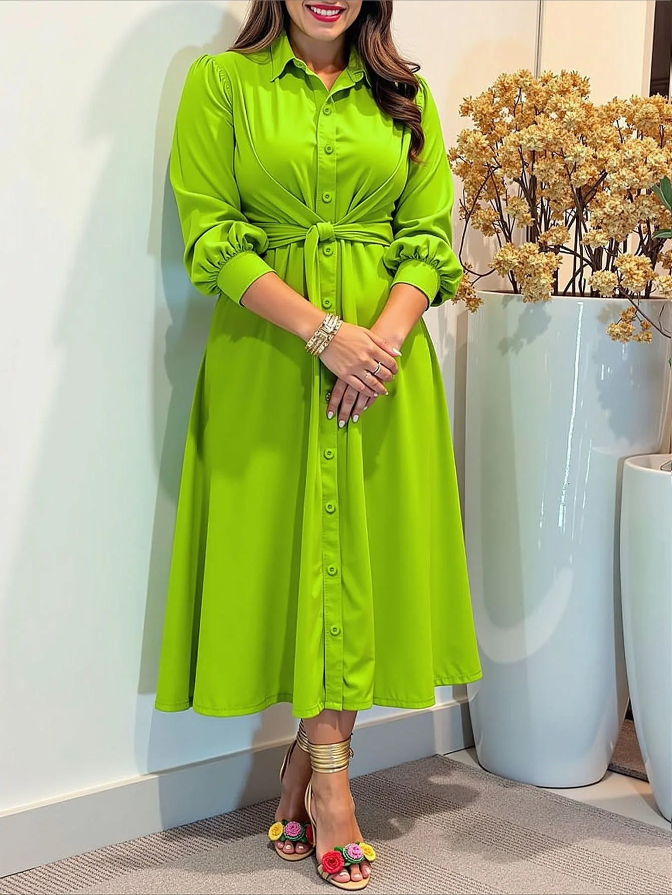 Vestido Midi Elegante Verde Lima para Mujer, Camisa de Manga Larga con Cuello Abotonado, Cinturón de Atar, Cintura Alta, Corte en A, Vestido Fluido 2026
