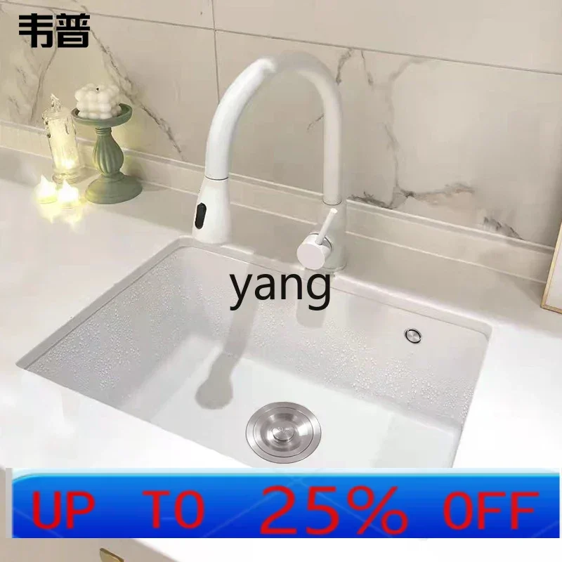 yjq  Kitchen White Quartz Stone Sink Large Single Sink Vegetable Pot Set Granite Counter Up and Down Dishsink