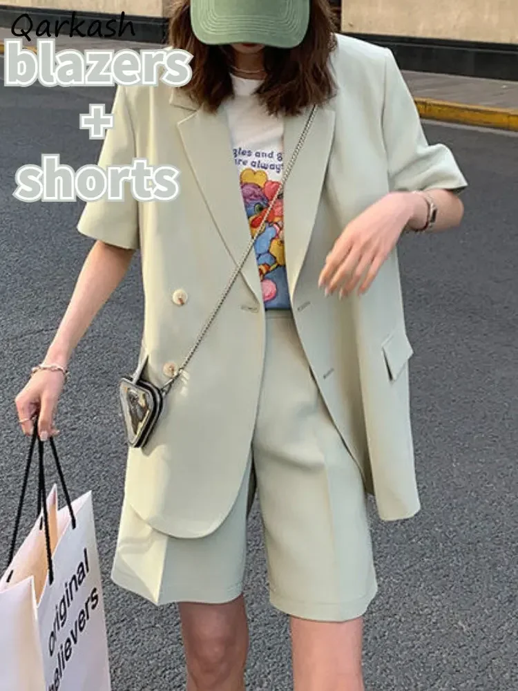 Sets Women S-4XL Short Sleeve Baggy Blazers Simple Shorts Office Lady Summer Vintage Formal Streetwear Cool Work Wear 2023 New