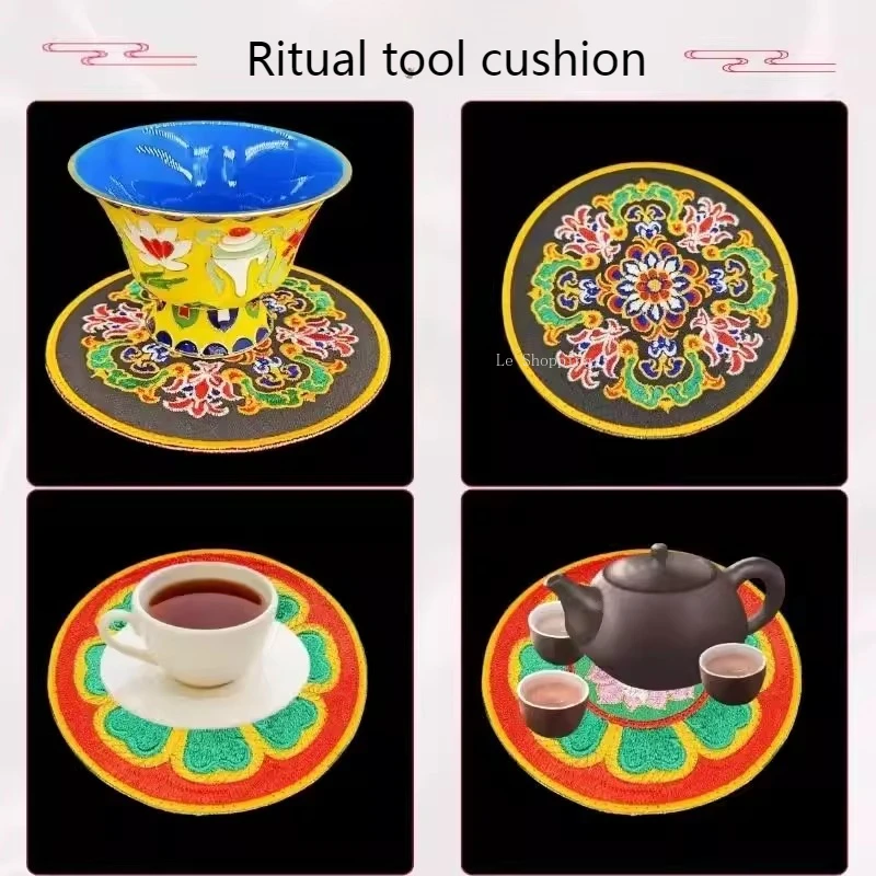 Embroidery Dharma Pestle Circular Mat/Bottle Mat Incense Burner Gasket Religious Supplies Decorative Pads for Desktop Placement