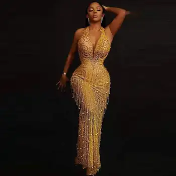 Robe de Rhlongue dorée sexy, robe de soirée, appliques droites, sur mesure, quels que soient les glands, perles