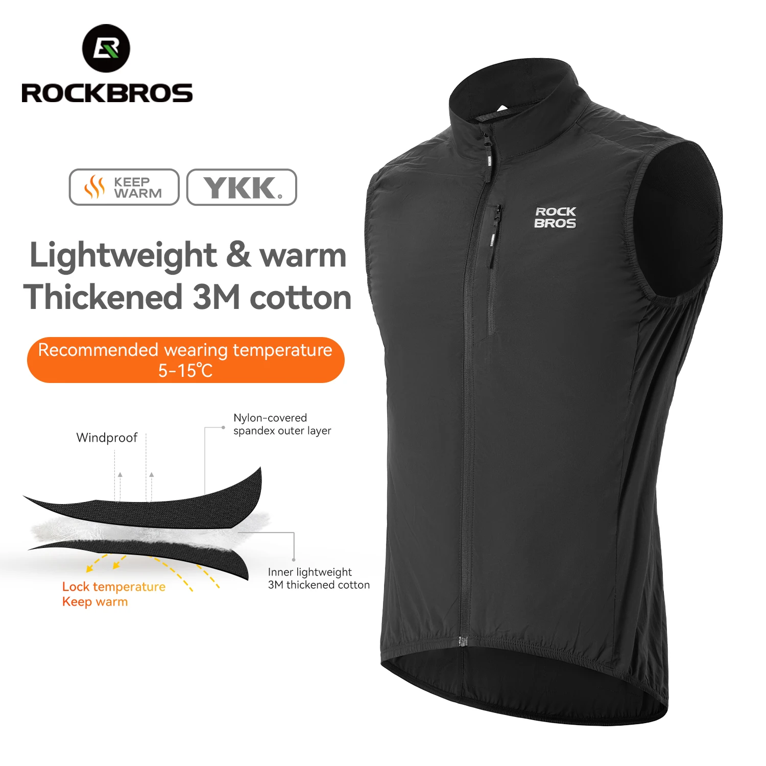 

ROCKBROS Winter Cycling Vest Lightweight Windproof Warm Fleece Vest Coat Insulated 3M Cotton Sleeveless Jacket Cycling Clothing