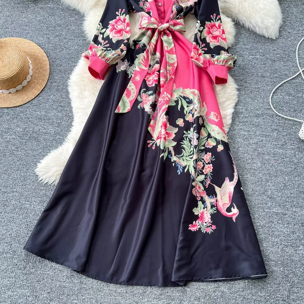 المرأة قميص طوق خمر الأزهار طباعة كم طويل فساتين حريمي واحدة الصدر طويل ألف خط الكاحل طول فستان SL138