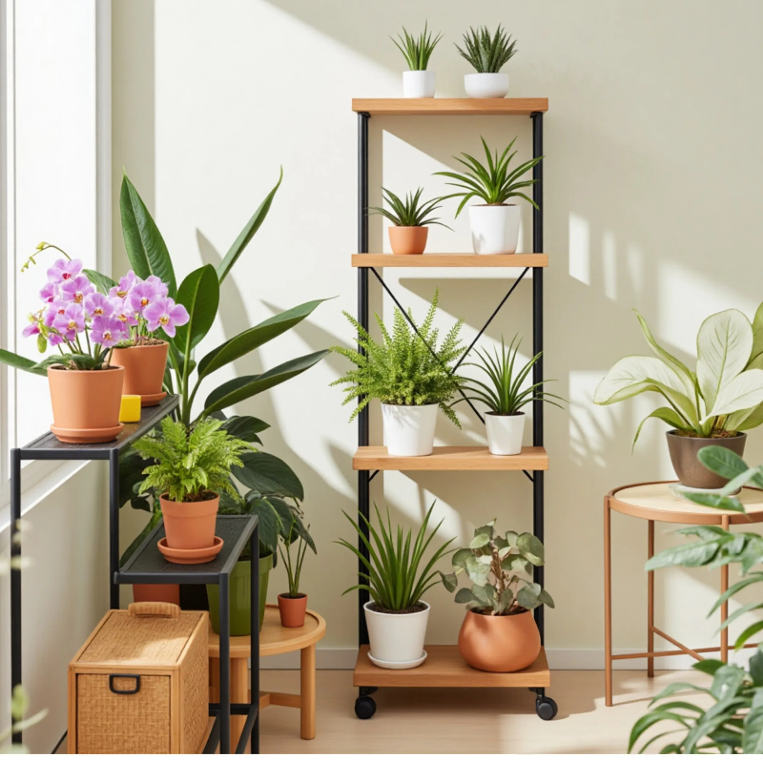 

Flower stand Corner rack Move with wheels against the wall Multi-layer wrought iron floor flower rack