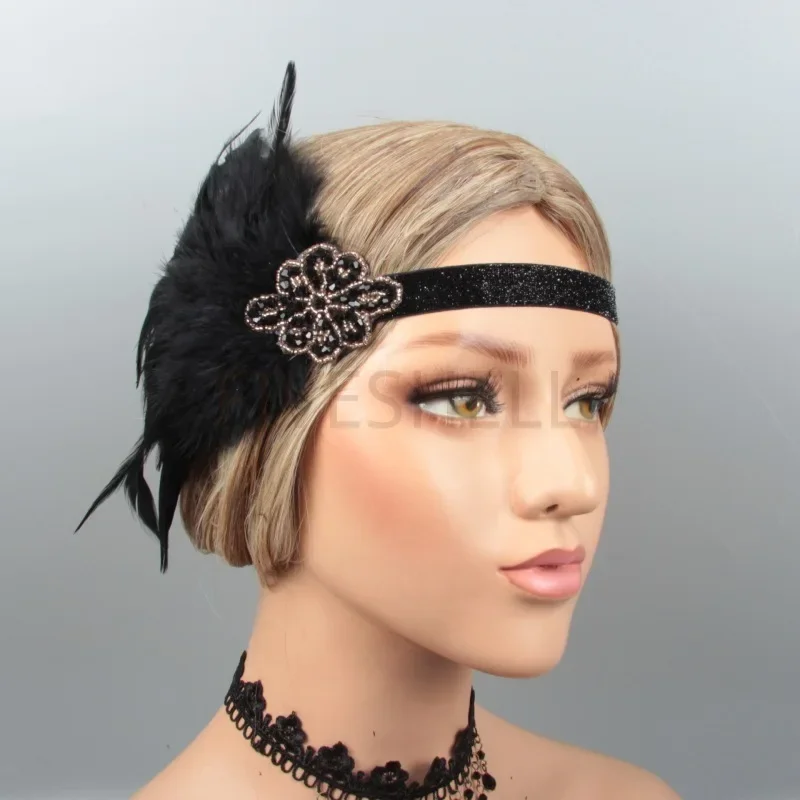 Free Shipping 1920s Great Gatsby Party Feather Headband Pearl Necklace Smoke Rod Vintage Earrings Black Feather Set for Women