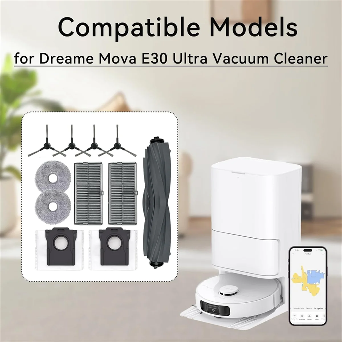 قطع غيار ABKR لـ Dreame Mova E30 Ultra جهاز آلي لتنظيف الأتربة فرشاة جانبية رئيسية فلتر HEPA وسادة ممسحة كيس لجميع الغبار