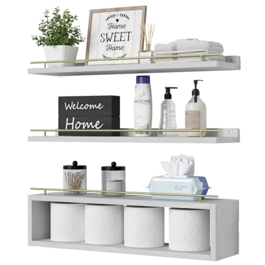 

24 inch Floating Wall Shelves with Metal Rail for Bathroom Decor White and Gold Cube Storage Shelves Over Toilet Wall Organizer