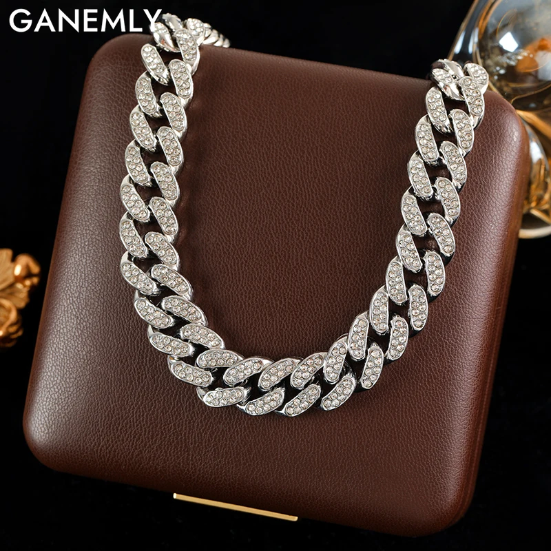 GANEMLY Silver Color Sparkling Zircon Cuban Chain Necklace For Women New Fashion Punk Thick Neck Chain Waterproof Jewelry Gift