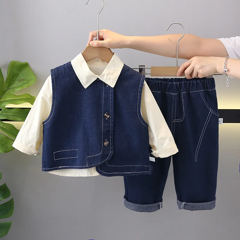 

Toddler Fall Boy Outfit Set 2024 Autumn Baby Infant Clothes 1 To 5 Years Solid Color Denim Vest + Shirts + Pants Boys Tracksuit