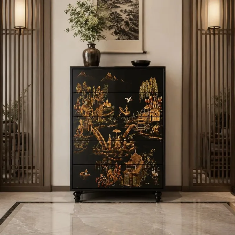 New Chinese hand-painted landscape five-drawer cabinet birch solid wood moisture-proof living room independent cabinet