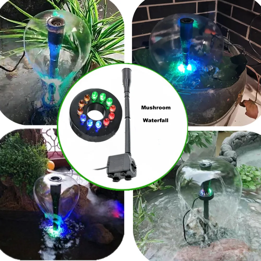 

110V-220V 12 LED lights Sprinklers Aquairum Water pump Fountain Feature Fungus mushroom waterfall effect Pool garden