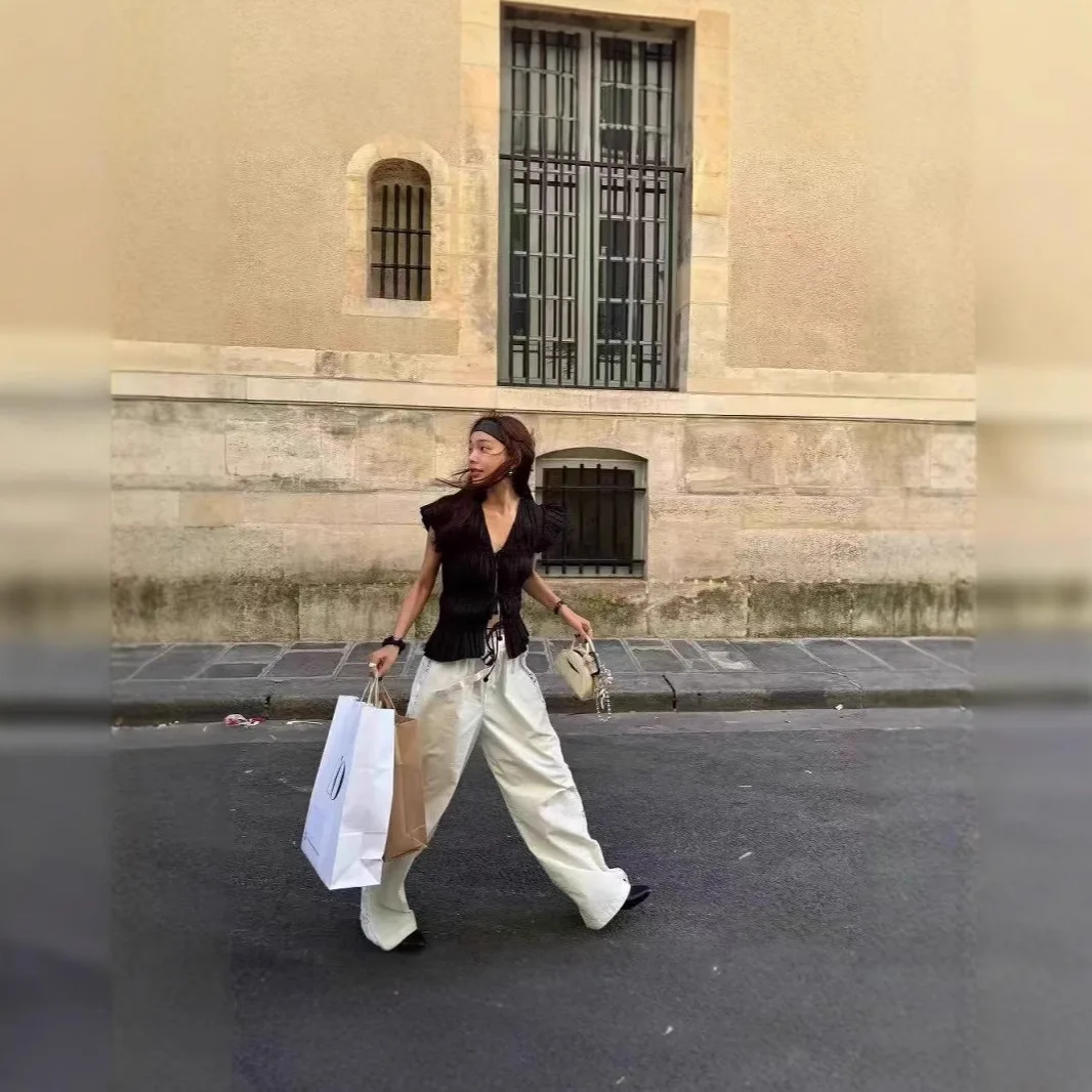 Sezanes 2025 French T-shirt spring and summer new ageing sweet linen pleated fly sleeve waist tie V-neck shirt woman