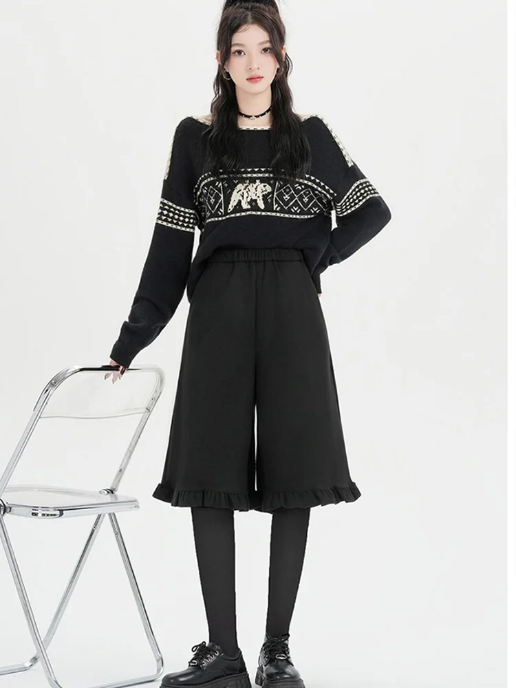 Zoete wollen zevenpunts casual broek met schimmelrand voor dames in herfst en winter, elastische taille, afslankende broek met rechte pijpen