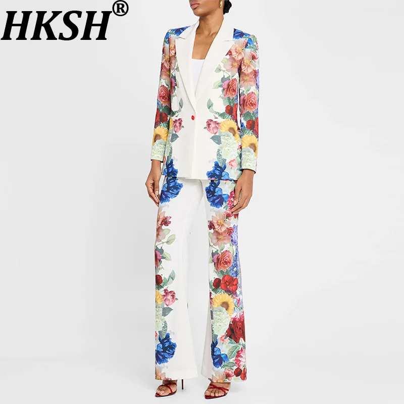 

HKSH Autumn New Women Two Pieces Set Single Button Pockets Printed Blazer Suit Pants Elegant Fashion Office Lady Stylish HK12060