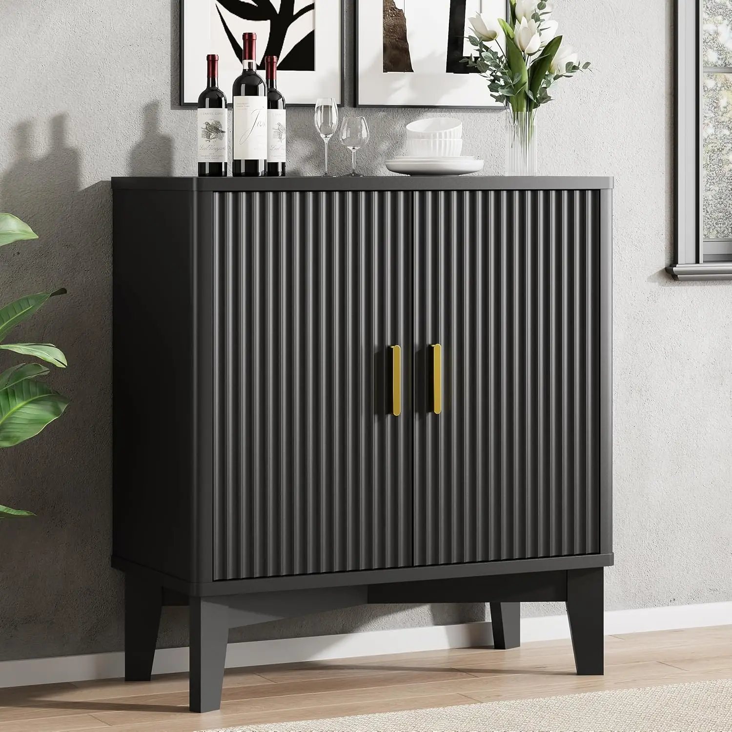 

Fluted Buffet Sideboard Cabinet with Storage, 30" Mid Century Modern Coffee Wine Bar with Adjustable Shelves, Wood Small Buffet