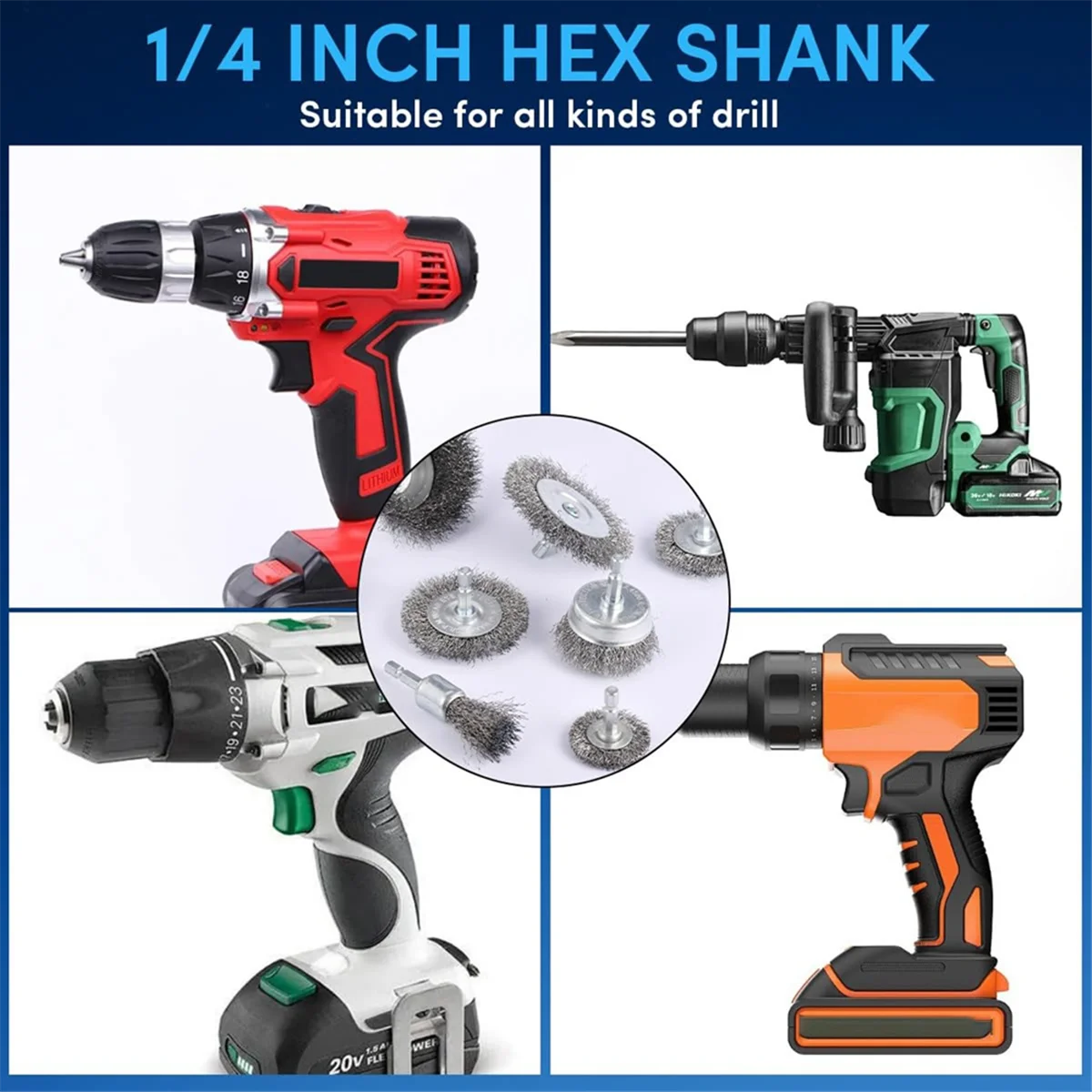 新鮮な炭素鋼ワイヤーホイールブラシワイヤーホイールドリル 1/4 インチアーバー、ワイヤーブラシクリーニング錆