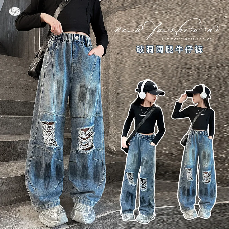 Pantalones de mezclilla para niña, pantalones largos de mezclilla rasgados con grafiti vintage, pantalones largos vintage para niños, pantalones casuales para adolescentes