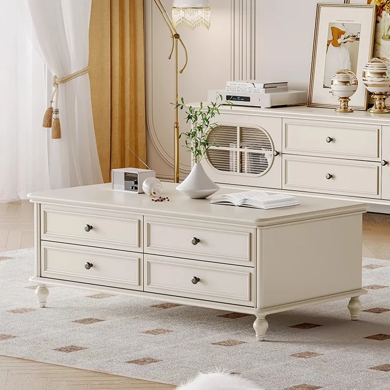 ！@French Cream Style White Solid Wood Tea Table Small House Living Room Household Rectangular Table Four Drawn Simple Tea Table