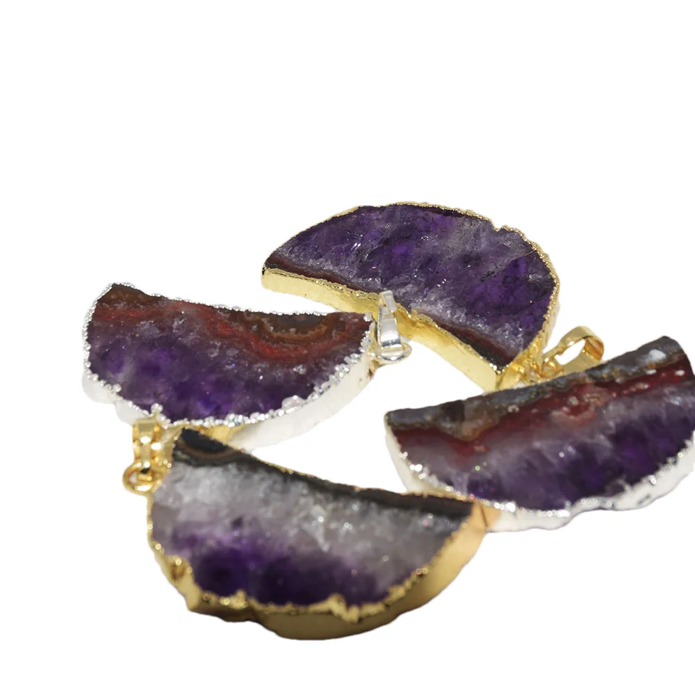 

2023 Purple Crystal stone Nature Geode Druzy Amethyst moon pendant for necklace women Female quartz Gold or Silver plated 5pc