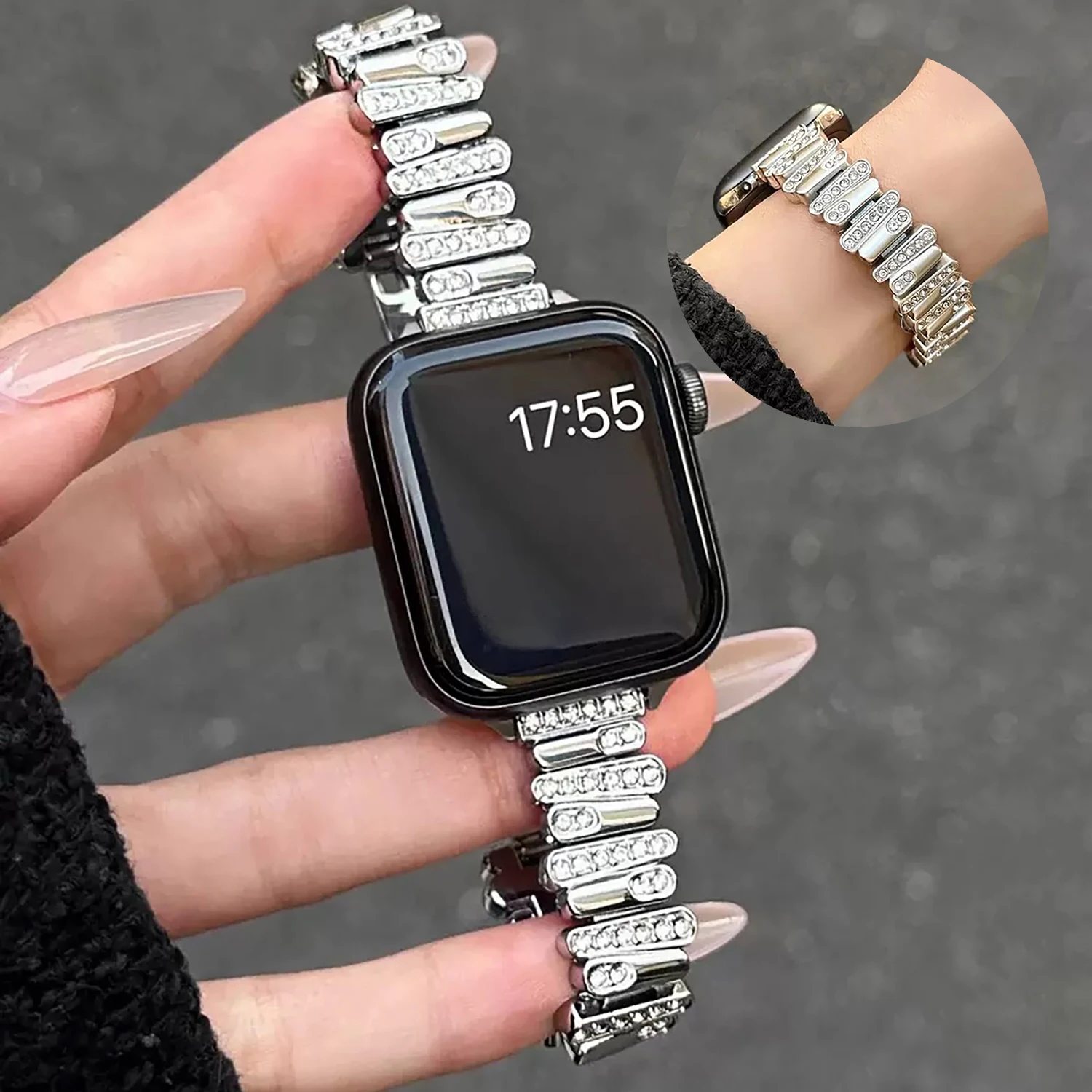 

Необычный металлический ремешок с бриллиантами для Apple Watch S10, 42/46 мм, 45/44/41/40/38 мм, модный женский ремешок для серии iwatch