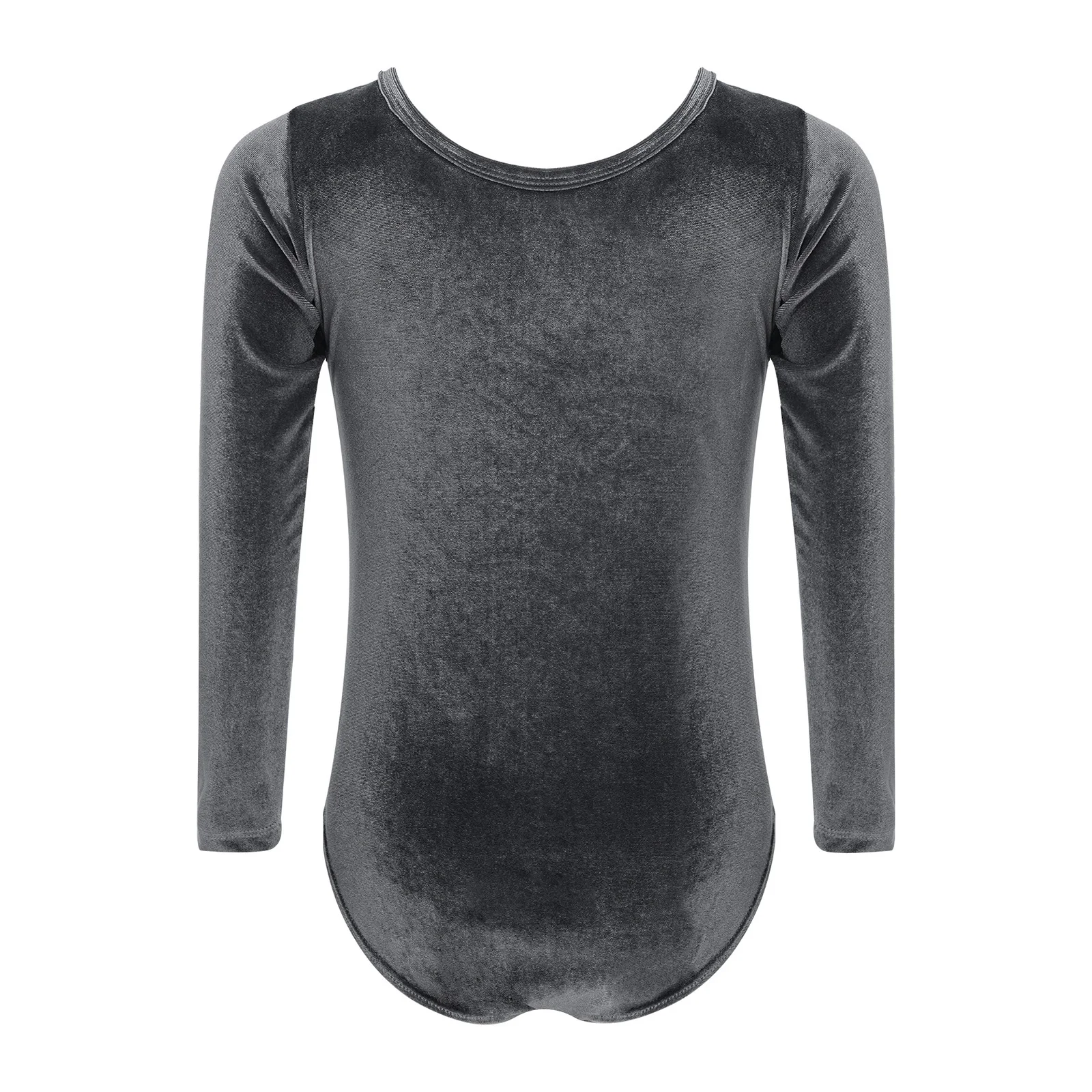 Kids Girls Velvet Ballet Leotard Round Neck Long Sleeve Figure Skating Costume Lace Trim Metallic Elegant Gymnastics Bodysuit