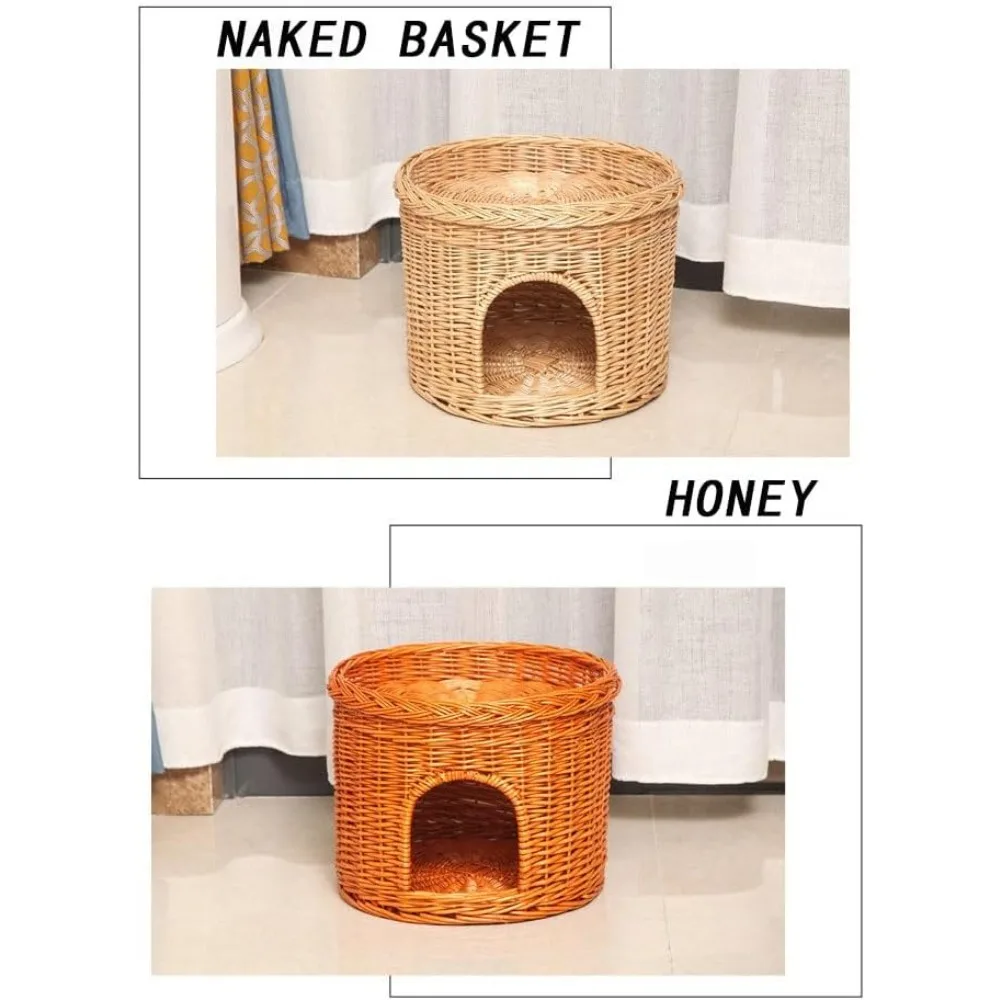 بيت قطط داخلي من الخيزران مكون من طابقين مع أسرة كهف مزدوجة لعيش مريح للحيوانات الأليفة