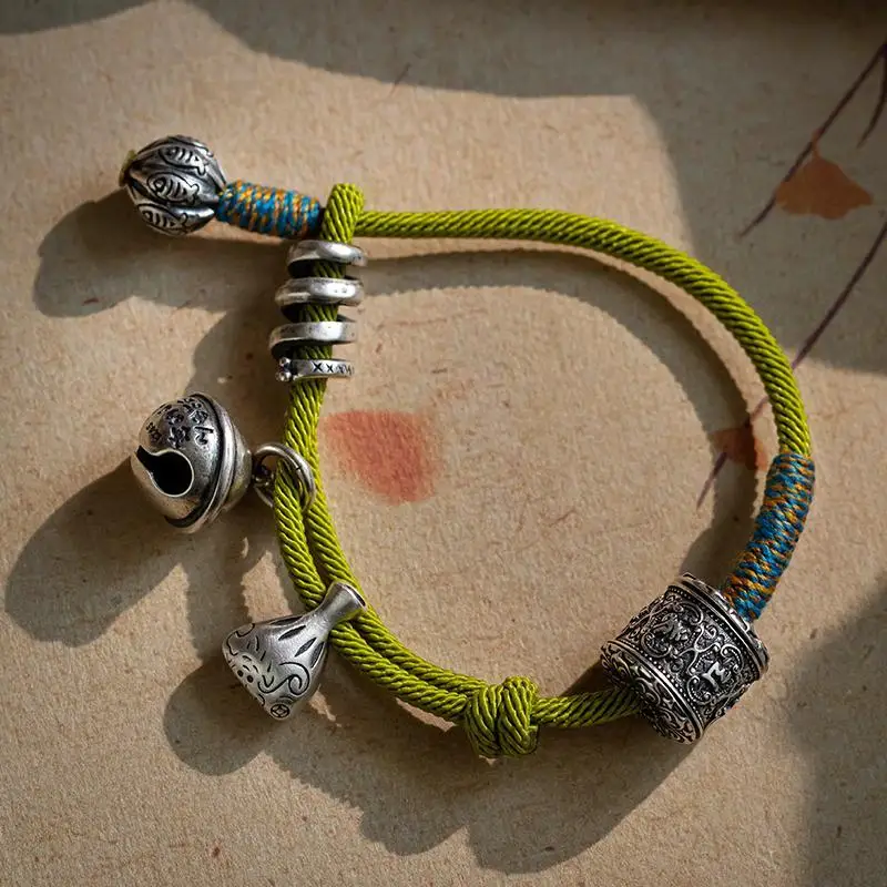 Hand-woven Hand Rope Six-character Mandarin Silver Wen Play Bracelet Men\'s and Women\'s Retro Ethnic Style Jewelry Gift High-end