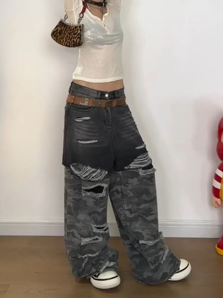 Schwarze und graue gespleißte Camouflage-zerrissene Jeans für Damen Y2k American Retro Washing Frühling und Herbst Neue Bodenhosen mit hoher Taille