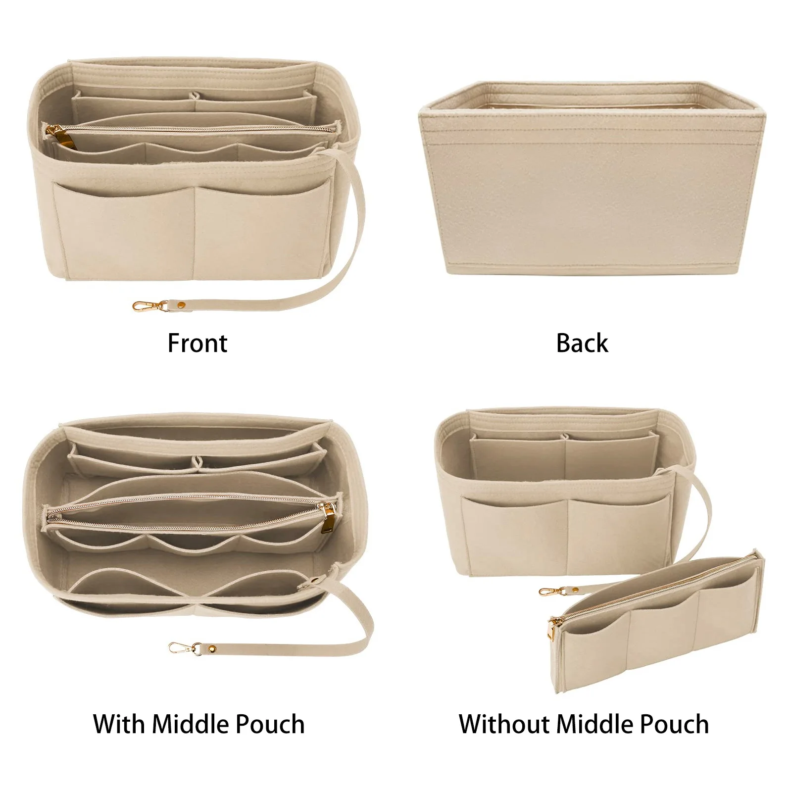 Felt Purse Organizer Insert - Travel Tote Bag Divider with Zipper, Handbag Insert for Longchamp, Neverfull, Speedy & More