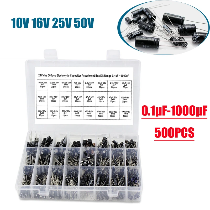 500PCS Electrolytic Capacitor Kit10V/16V/25V/50V 0.1UF-1000UF Aluminum Electrolytic Capacitors with Box for Electronics Projects
