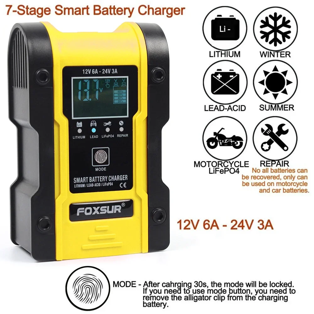 

12V-24V 6A Full Automatic Smart Battery Charger 7-stage Car Battery Charger For Wet Dry Lead Acid Battery-chargers LCD Display