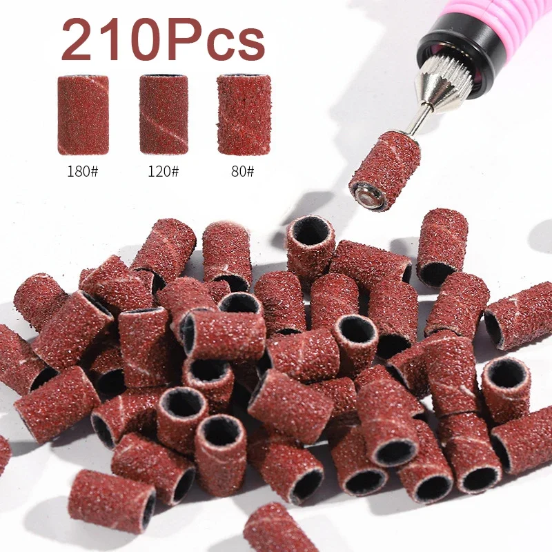 210pcs Sanding Cap Bands For Electric Manicure Machine 180/120/80 Grit Nail Drill Grinding Bit Files Pedicure Tool