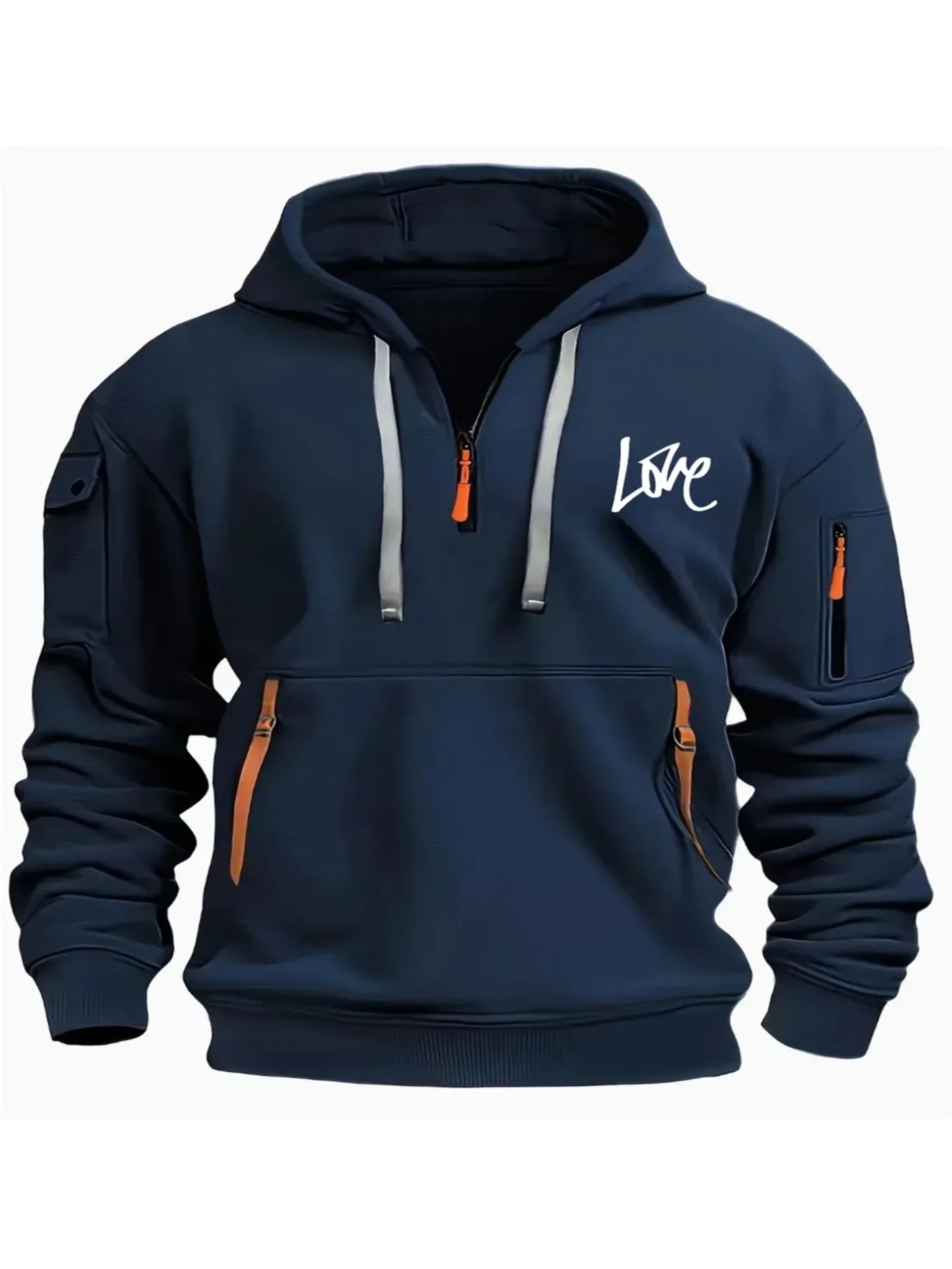 Men's and women's hooded hoodies autumn edition with multiple zippers and pockets, LOVE English print for warmth and comfort
