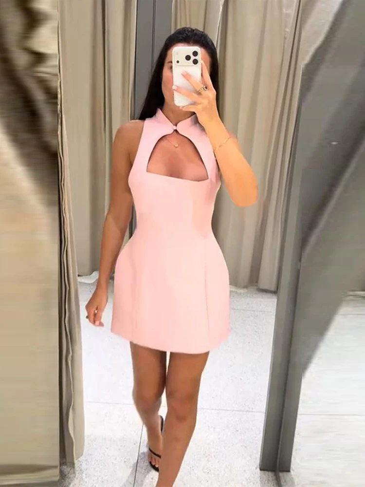 Plissiertes, ausgeschnittenes, tailliertes Minikleid für Damen – sexy, ärmellos, mit Einzelknopf und Reißverschluss, schmal geschnitten, charmantes Partykleid, neu – Detail 13