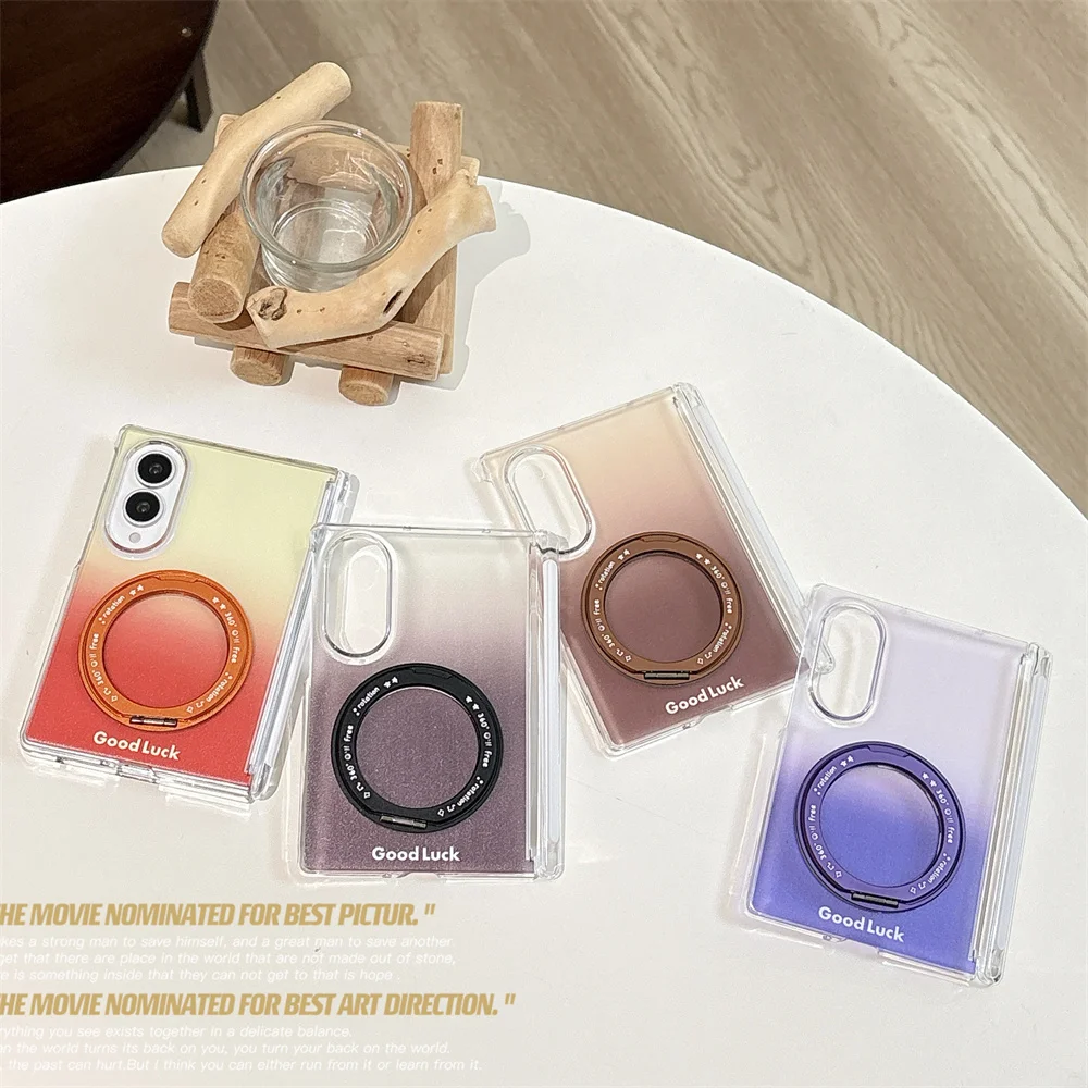 Gradient Good Luck Print Magnetic Ring Stand Phone Case For Samsung Galaxy Z Fold 4 5 6 7 Fold8 Ultra Shockproof Folding Cover